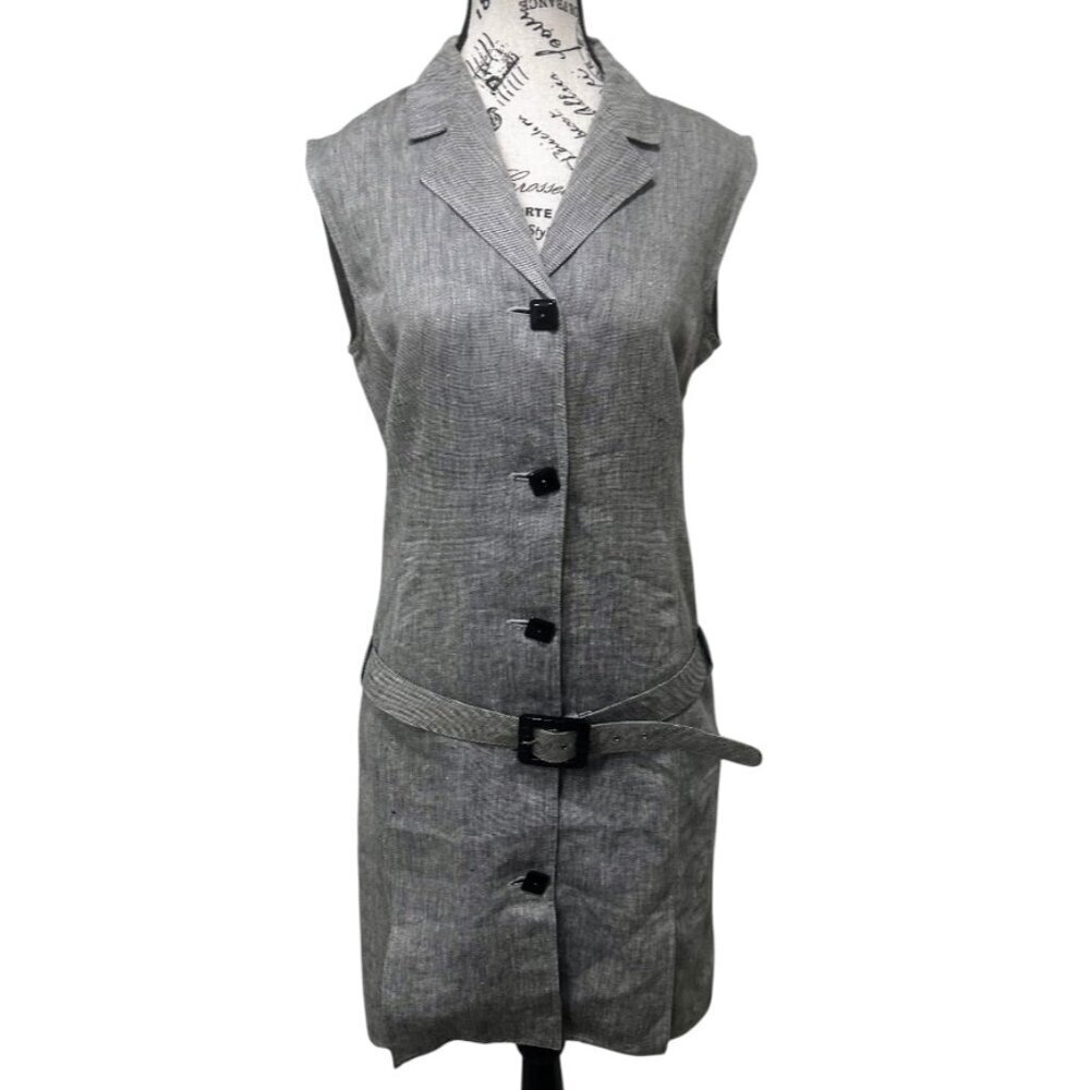 Genny Grey Linen Shirt Dress 8 - Vintage Italian Belted Knee Length